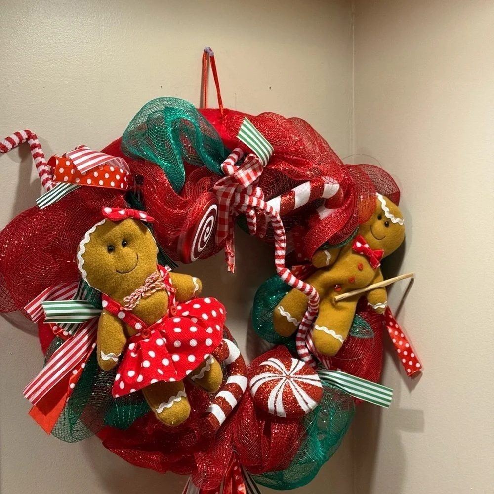 23” Festive Gingerbread Holiday Wreath - Candy Canes Red and Green Handmade